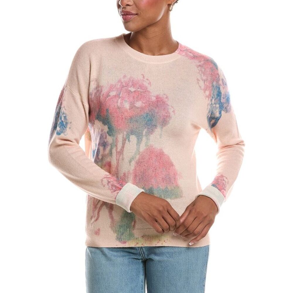 Autumn Cashmere Womens  Floral Print Relax Crewneck 100% Cashmere Sweater, Pink